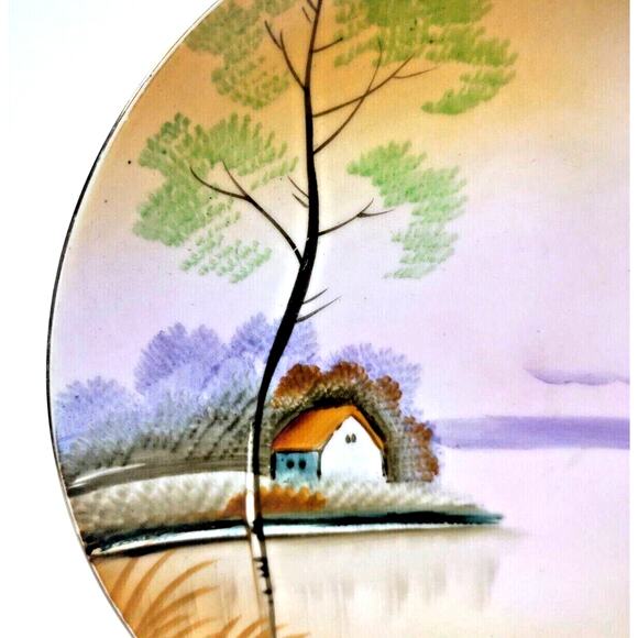 Vintage Meito China Hand Painted Landscape Plate Frank J Donahoe Sunset Hut - Picture 5 of 7